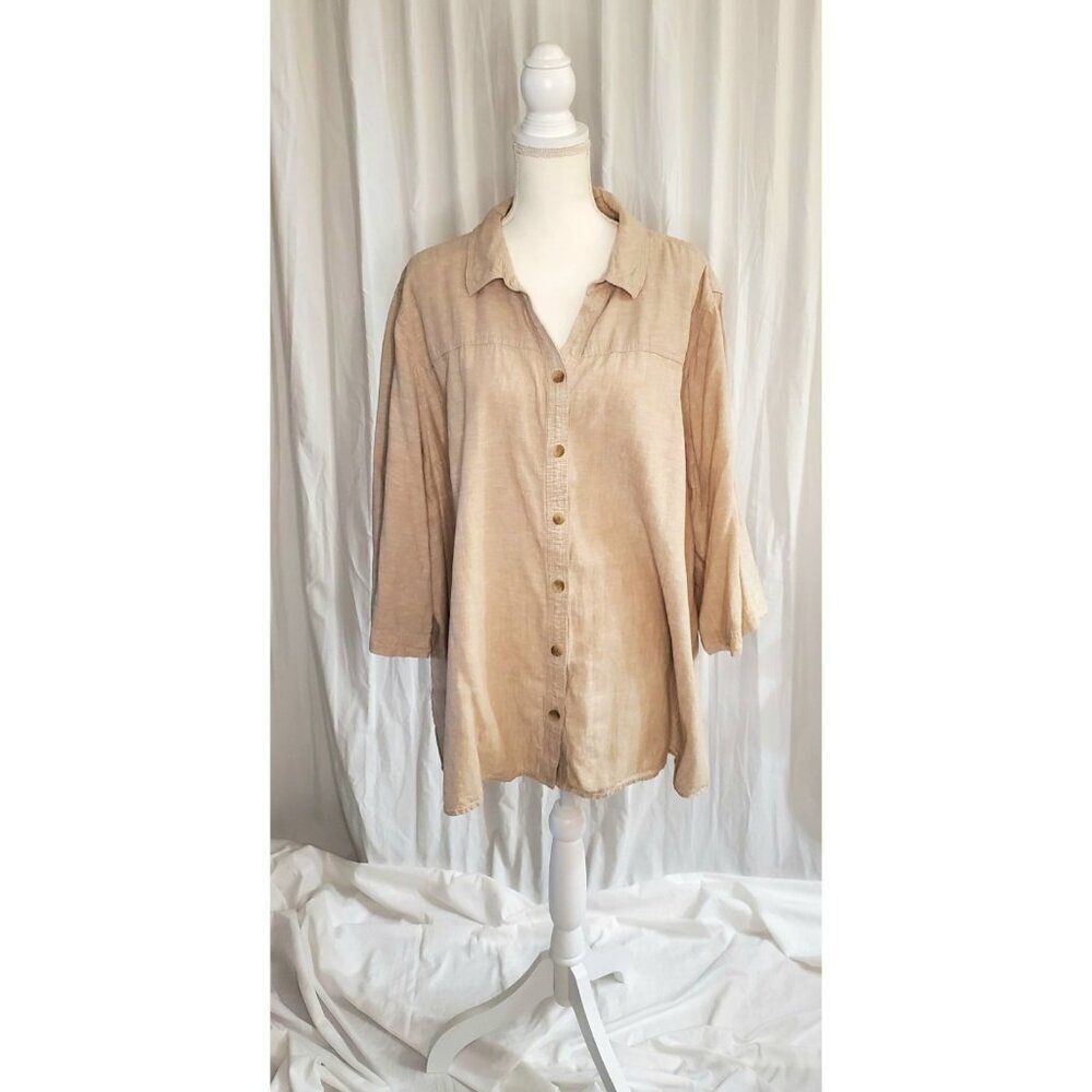Catherines Women’s Linen Blend Beige Button Down 3/4 Sleeved Shirt Womens 3XL
